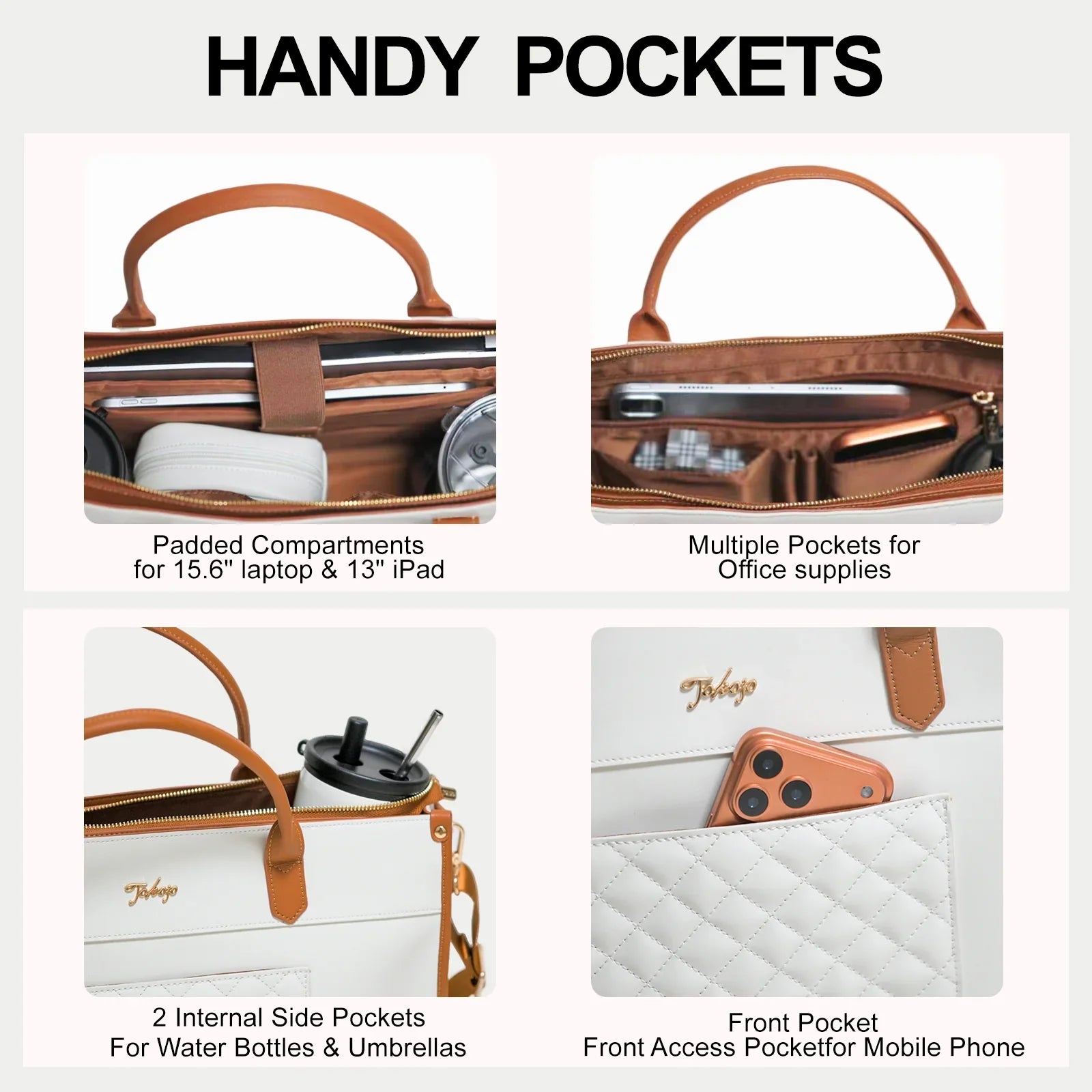 TOKOJO Luxury Quilted Laptop Tote Bag with Small Clutch