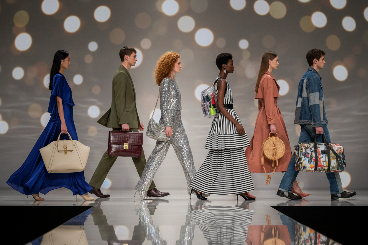 一群模特拿着我们的包包在走秀，背景虚化